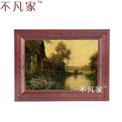 Decoración de casa de muñecas en miniatura a escala 1:12: Pintura al óleo clásica de un arroyo de pueblo con marco