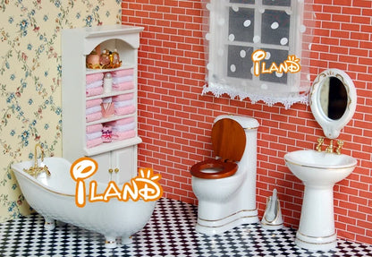1:12 Scale Miniature Dollhouse Furniture Porcelain Bathroom Set White Toilet Basin Mirror 5Pcs For Dollhouse Accessories