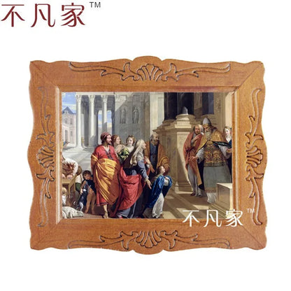 Pintura al óleo religiosa en miniatura a escala 1:12 con marco ornamentado para casa de muñecas y decoración del hogar.