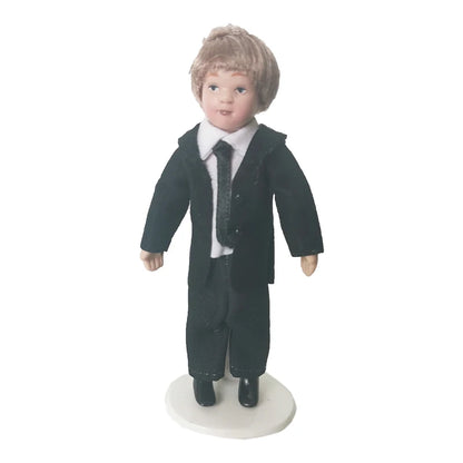 1:12 Scale Miniature Porcelain Doll Pretty Little Boy In Black Suit Dollhouse Model