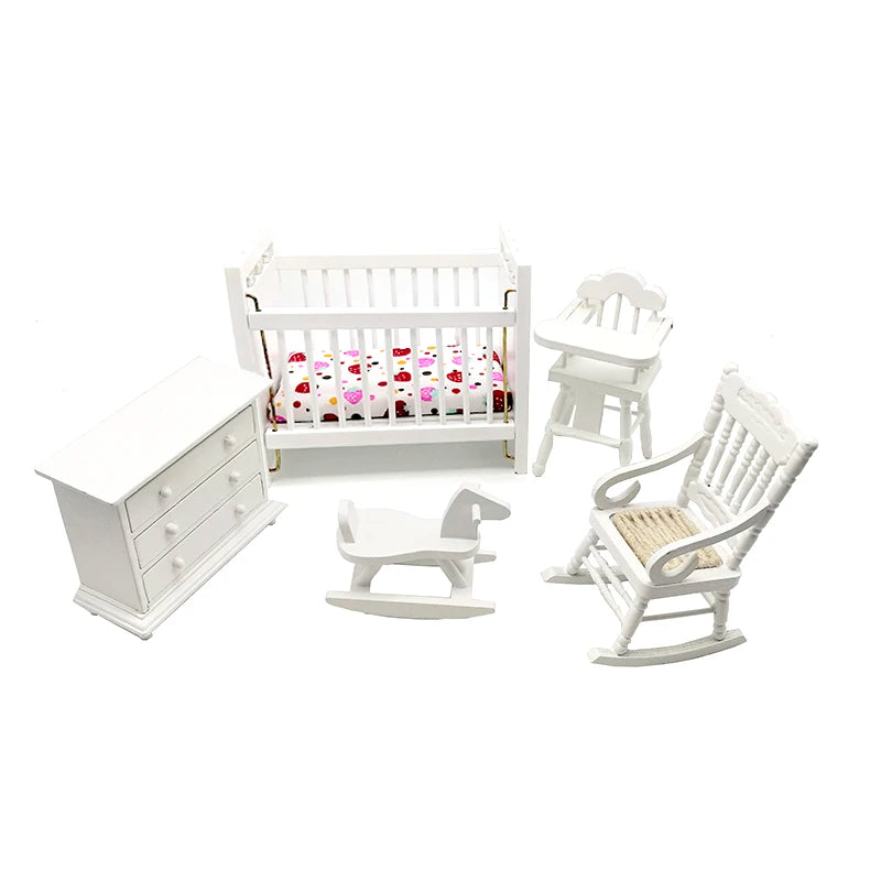 1:12 Scale Miniature Crib Set Baby Room Furniture Accessories High Chair Hobbyhorse Dollhouse Decor
