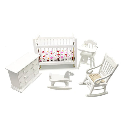 1:12 Scale Miniature Crib Set Baby Room Furniture Accessories High Chair Hobbyhorse Dollhouse Decor