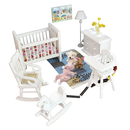 1:12 Scale Miniature Crib Set Baby Room Furniture Accessories High Chair Hobbyhorse Dollhouse Decor