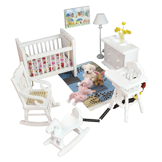 1:12 Scale Miniature Crib Set Baby Room Furniture Accessories High Chair Hobbyhorse Dollhouse Decor