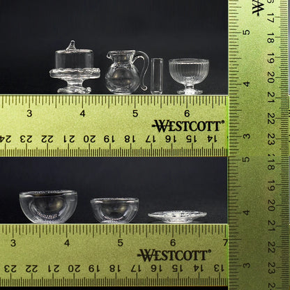 1:12 Scale Miniature Glass Tableware Set Kitchen Fruit Salad Bowl Cake Plate Dessert Dish Juice Jar Cup Dollhouse Accessories