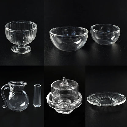 1:12 Scale Miniature Glass Tableware Set Kitchen Fruit Salad Bowl Cake Plate Dessert Dish Juice Jar Cup Dollhouse Accessories