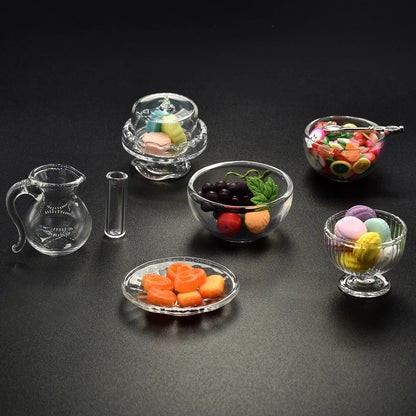 1:12 Scale Miniature Glass Tableware Set Kitchen Fruit Salad Bowl Cake Plate Dessert Dish Juice Jar Cup Dollhouse Accessories