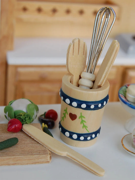 Ensemble d'ustensiles de cuisine miniatures en bois à l'échelle 1:12 pour maison de poupée : pelle, spatule, couteau, batteur à œufs, 5 pièces