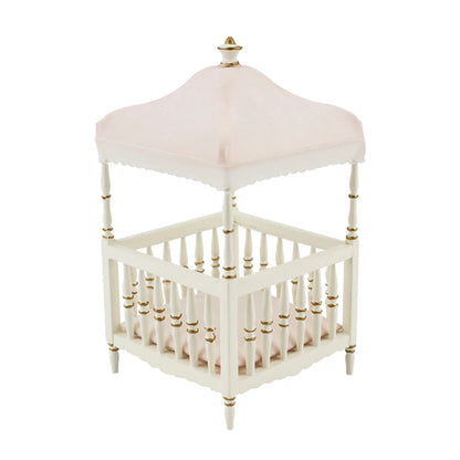 Cuna de madera blanca pintada a mano con dosel para casa de muñecas en miniatura a escala 1:12