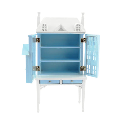 Mueble de casa de muñecas en miniatura de madera azul a escala 1:12 con mesa para exhibición a escala 1:144