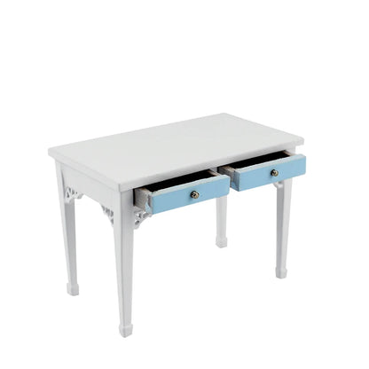 Mueble de casa de muñecas en miniatura de madera azul a escala 1:12 con mesa para exhibición a escala 1:144