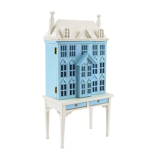 Mueble de casa de muñecas en miniatura de madera azul a escala 1:12 con mesa para exhibición a escala 1:144