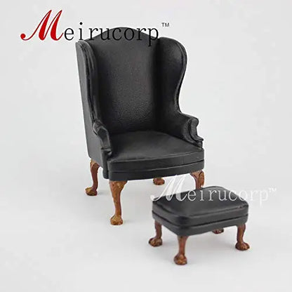 Silla y otomana en miniatura talladas a mano en negro a escala 1:12, muebles para casa de muñecas para sala de estar