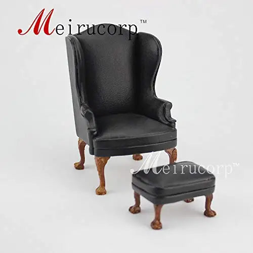 Silla y otomana en miniatura talladas a mano en negro a escala 1:12, muebles para casa de muñecas para sala de estar