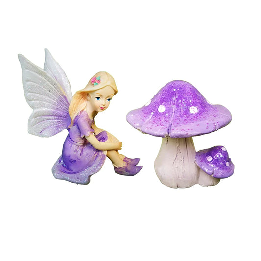1:6 Scale Miniature Fairy Elf Angel With Butterfly Wings Girl Mushroom Purple Pink Resin Dollhouse Accessories