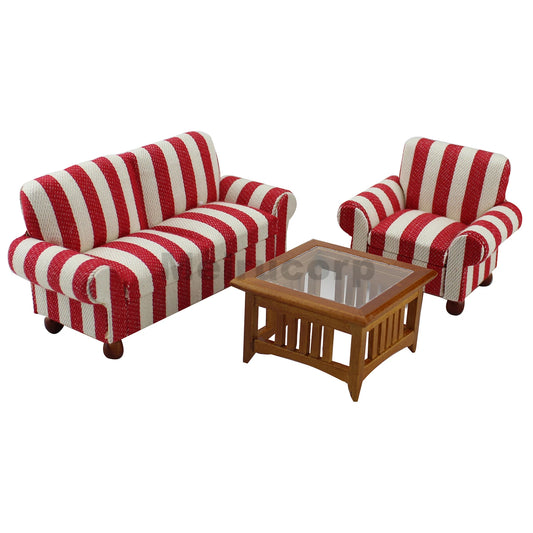 Juego de muebles para sala de estar de casa de muñecas en miniatura a escala 1:12, sillón de tela a rayas, 3 piezas