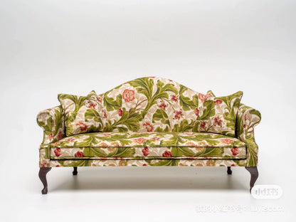 Sofá miniatura de tela floral antiguo a escala 1:12, muebles para casa de muñecas
