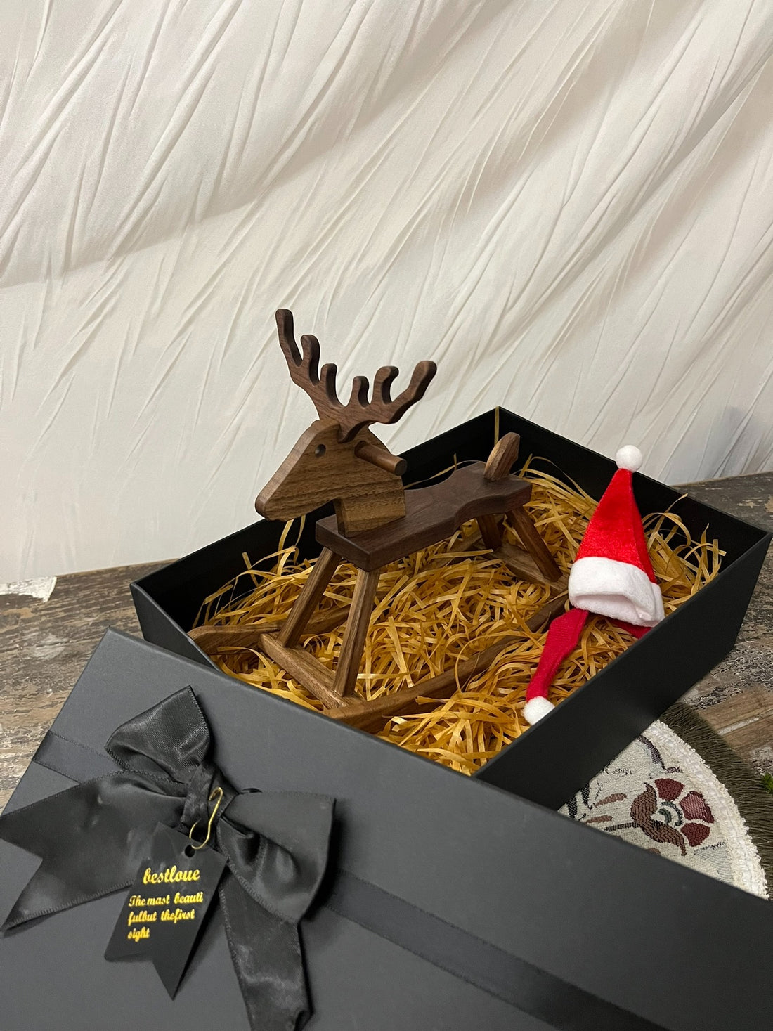 6 - inch scale finished black walnut deer - antler small wooden horse