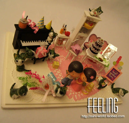 Casa de muñecas en miniatura a escala 1:12, con escena de gato y queso, con luces, regalo de cumpleaños para parejas