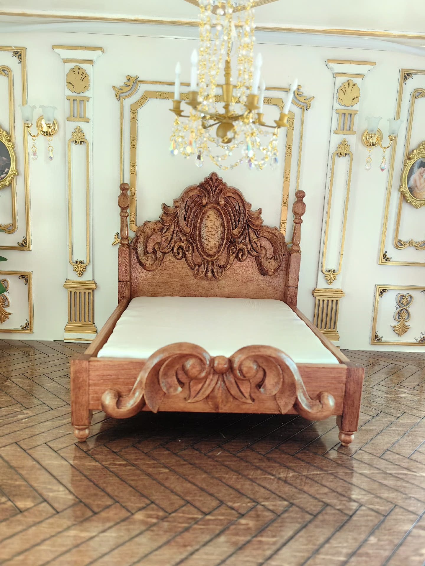 Cama doble para muñecas BJD en miniatura a escala 1:12, muebles en miniatura para casa de muñecas.