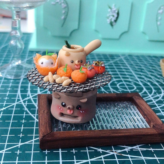 Juego de té de arcilla en miniatura a escala 1:12 para casa de muñecas con estufa y accesorios