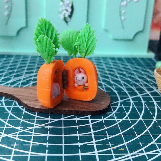 Juego de comida en miniatura para casa de muñecas, conejito de zanahoria de arcilla en miniatura a escala 1:12, escena de pastelería