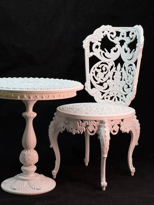 Muebles BJD Blythe de estilo europeo vintage con aspecto de hierro, mesa y sillas, escala 1:3 y escala 1:4, casa de muñecas en miniatura