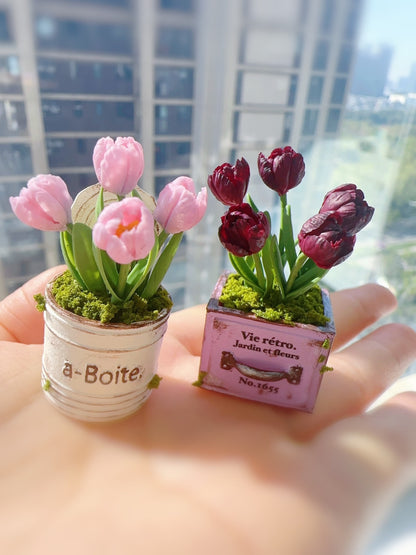 Decoración de casa de muñecas con flores de arcilla en miniatura a escala 1:12, muebles en miniatura de tulipán