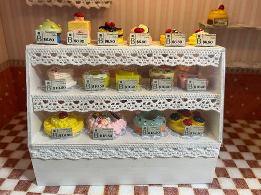 Vitrina para pasteles en miniatura, hecha a mano, a escala 1:12, para casa de muñecas y panadería.
