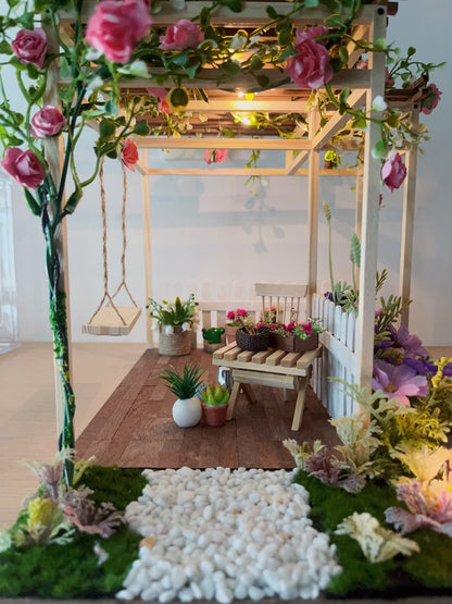 Conjunto de muebles para casa de muñecas en miniatura con jardín de rosas a escala 1:12