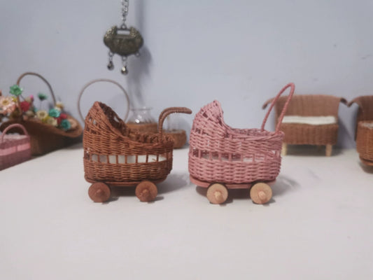 1:12 Scale Woven Rattan Miniature Baby Stroller And Cradle Dollhouse Furniture For Obll Dolls