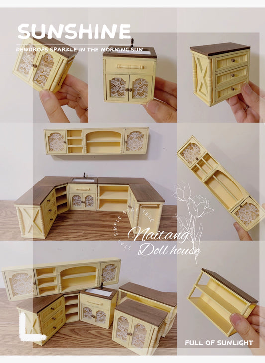 1:12 Scale Miniature Kitchen Cabinet Dollhouse Furniture With Wall Shelf And Storage Rack