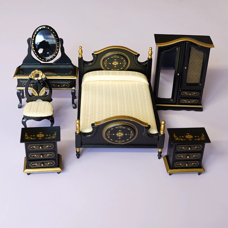 Casa de muñecas en miniatura a escala 1:12, muebles BJD OB11 GSC, juego de dormitorio de madera, estilo vintage europeo