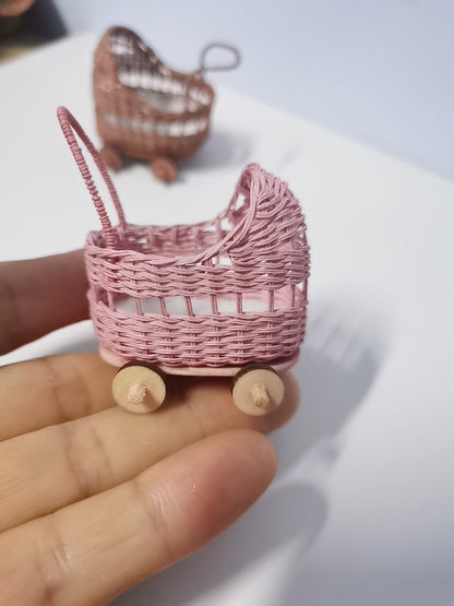 1:12 Scale Woven Rattan Miniature Baby Stroller And Cradle Dollhouse Furniture For Obll Dolls