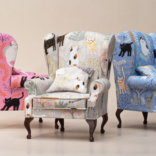 Fauteuil en tissu floral à thème chat échelle 1:6, meubles miniatures pour maison de poupée