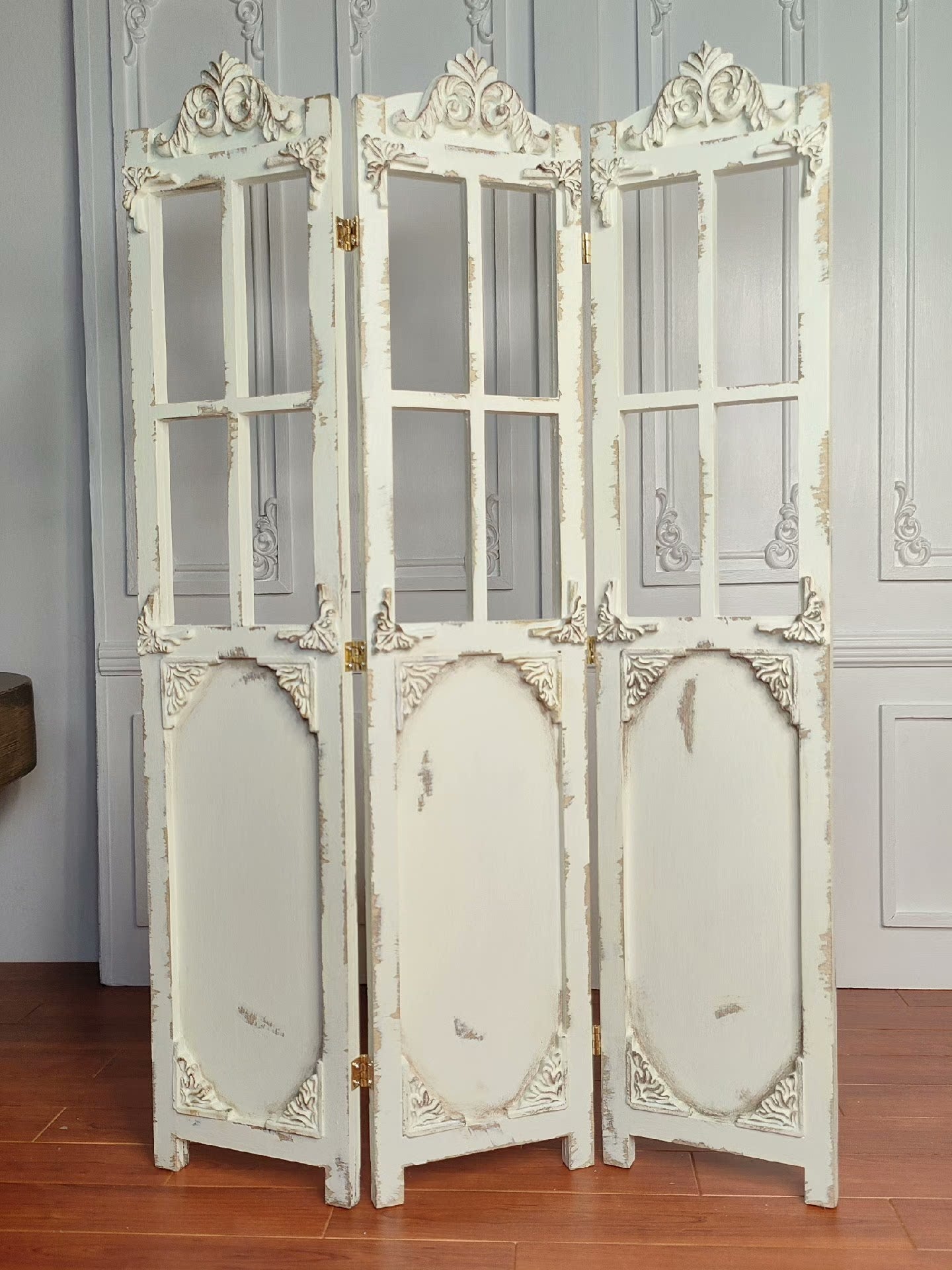 1:6 Scale Hand Carved Wooden Screen Miniature Dollhouse Furniture Antique White For Blythe Doll Photography