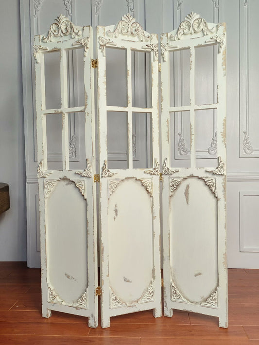 1:6 Scale Hand Carved Wooden Screen Miniature Dollhouse Furniture Antique White For Blythe Doll Photography
