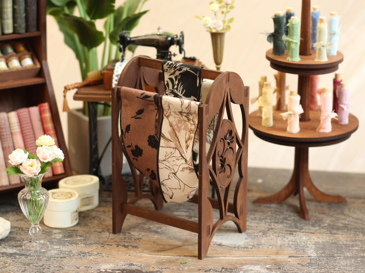 Sewing-themed Carved Fabric Rack Miniature Material Kit (1:6 or 1:12 Scale) for Dollhouse