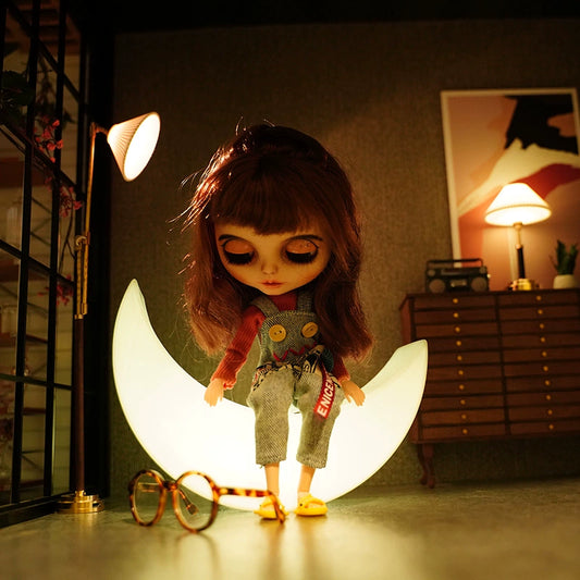 Muebles en miniatura para casa de muñecas BJD a escala 1:6, accesorios OB11, lámpara de luna LED Blythe, lámpara de pesca, juego de luces de mesa