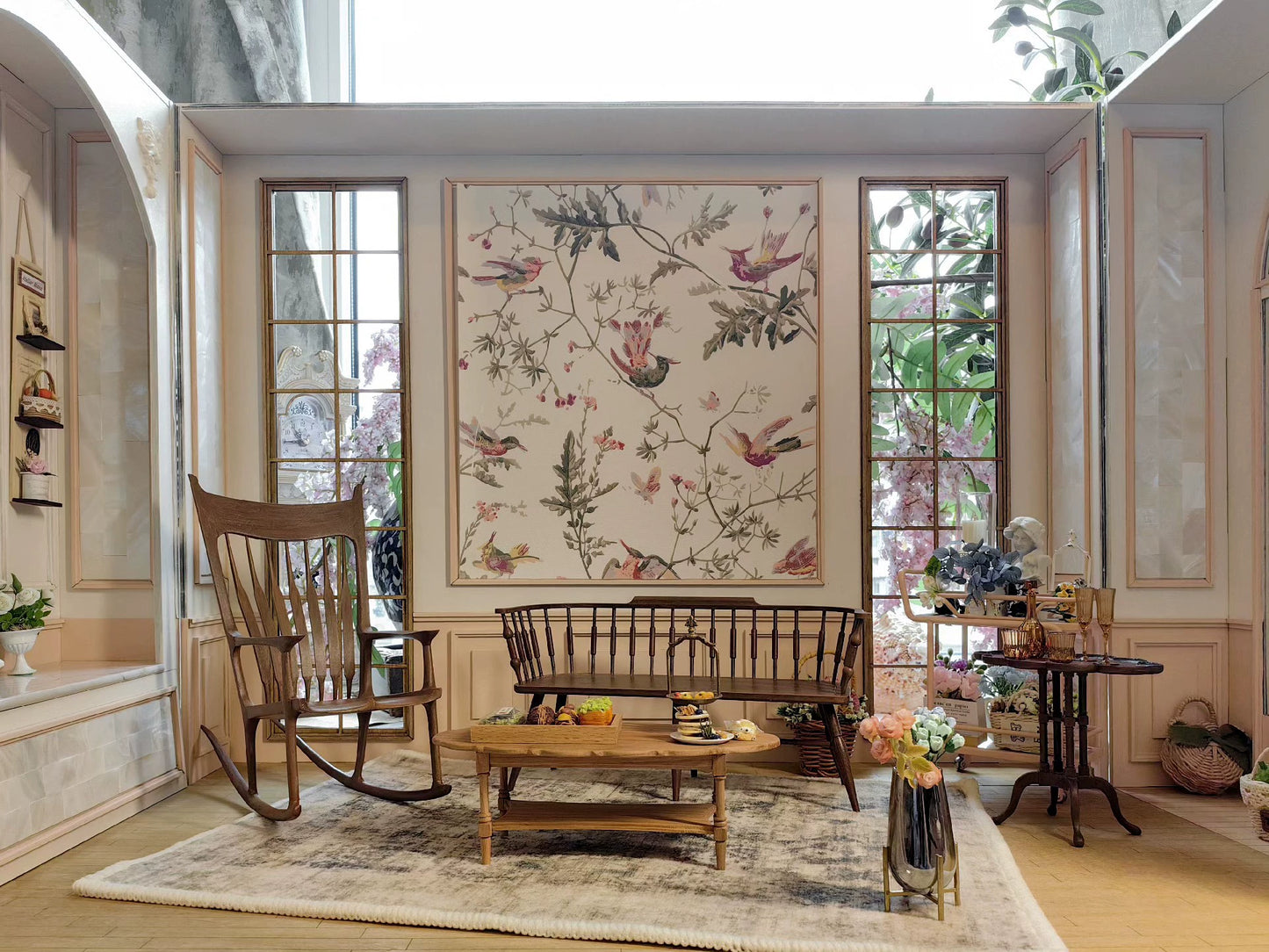 Chaise double à dossier bas Windsor à l'échelle 1:6, meubles miniatures pour maison de poupée
