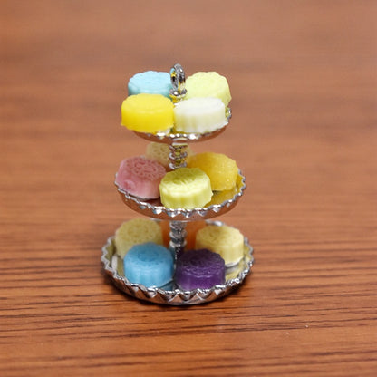 Escena de panadería en miniatura para casa de muñecas a escala 1:12 con exhibición de macarrones, muebles en miniatura