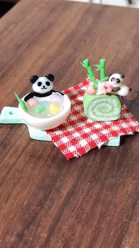 Maison de poupée miniature en argile à l'échelle 1:12, panda de dessin animé, scène de pâtisserie, ensemble de jeu de nourriture miniature