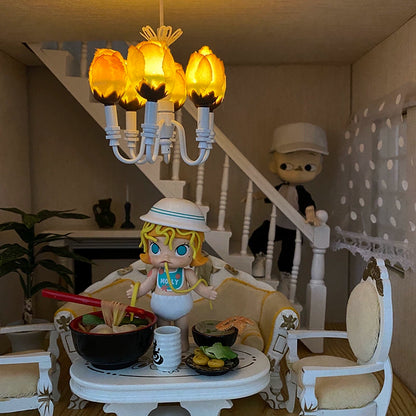 1:12 Scale Miniature Dollhouse Rose Six Head Wireless LED Chandelier Lighting Accessory