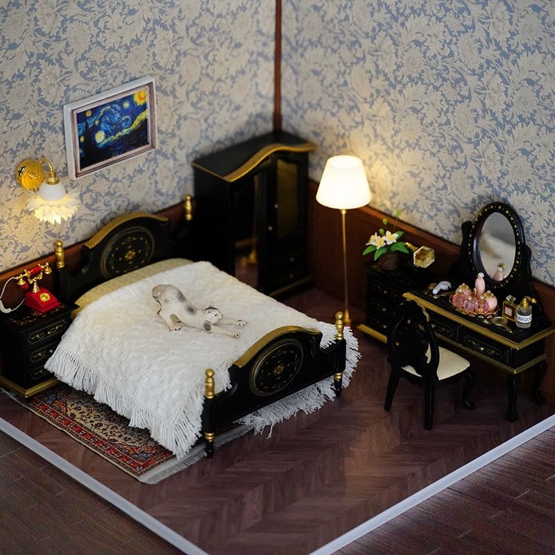 Casa de muñecas en miniatura a escala 1:12, muebles BJD OB11 GSC, juego de dormitorio de madera, estilo vintage europeo