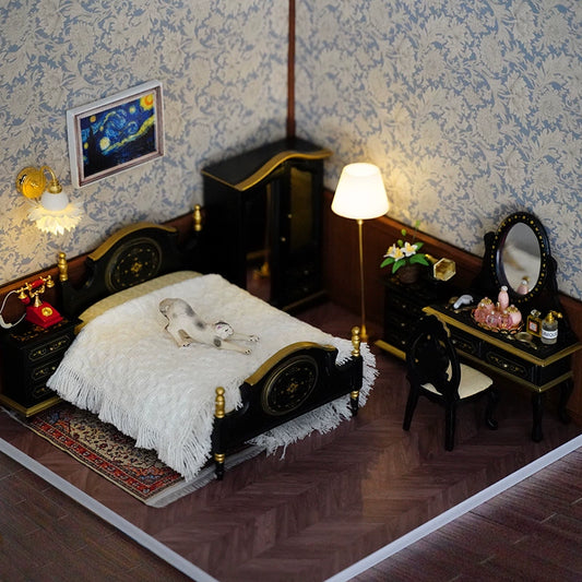 Maison de poupée miniature à l'échelle 1:12, meubles BJD OB11 GSC, ensemble de chambre à coucher en bois de style vintage européen