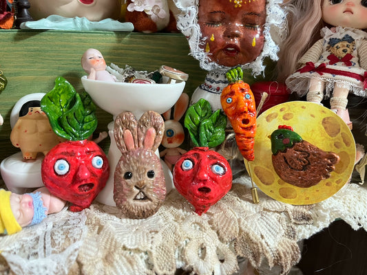 Handmade Brooch Set With Radish Carrot Rabbit And Hen Miniature Accessories