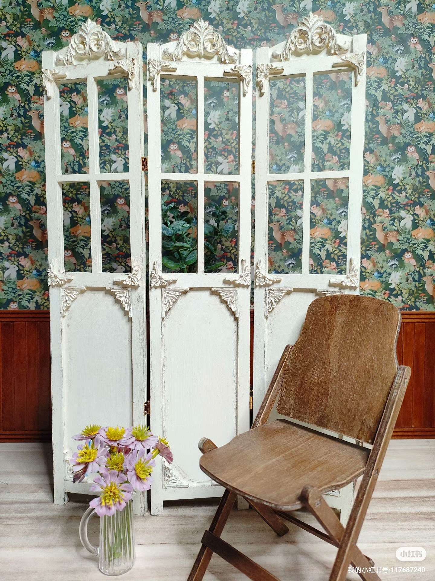 1:6 Scale Hand Carved Wooden Screen Miniature Dollhouse Furniture Antique White For Blythe Doll Photography