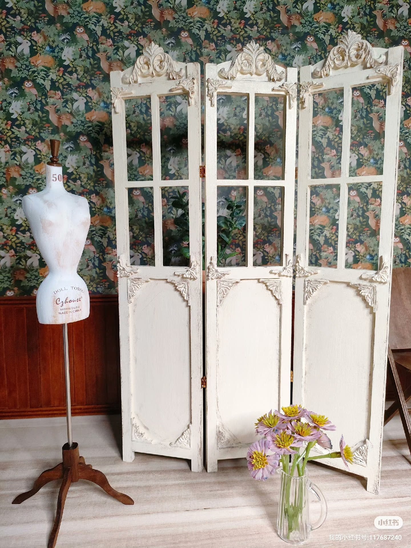 1:6 Scale Hand Carved Wooden Screen Miniature Dollhouse Furniture Antique White For Blythe Doll Photography