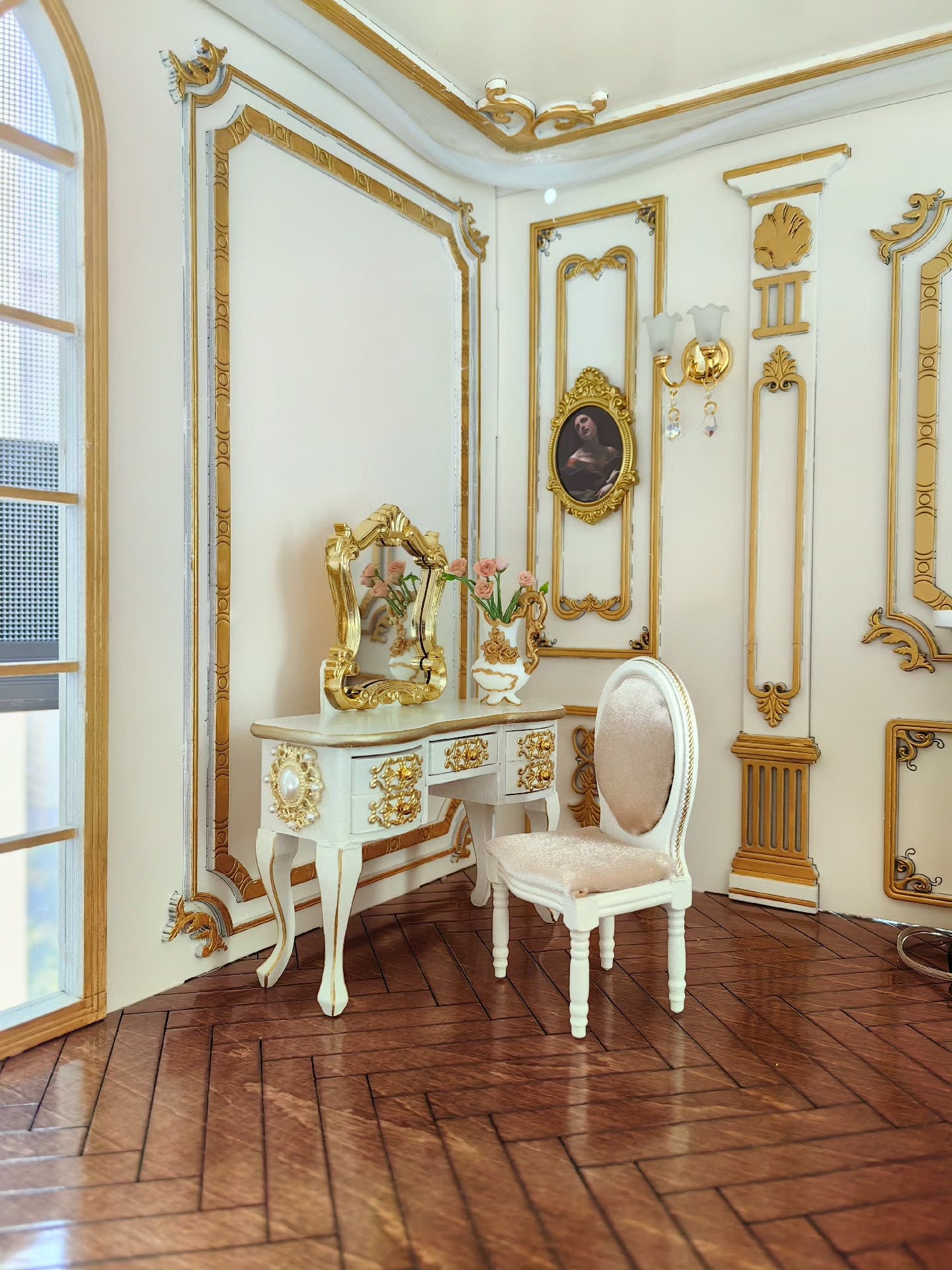 1:12 Scale Miniature Vanity Desk Handmade European Style Gilded Dollhouse Furniture