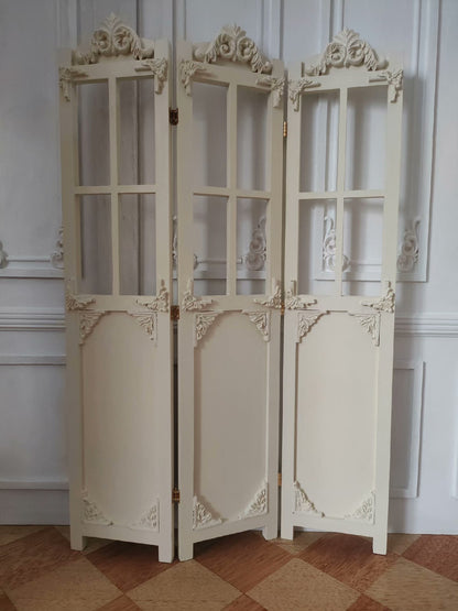 1:6 Scale Hand Carved Wooden Screen Miniature Dollhouse Furniture Antique White For Blythe Doll Photography